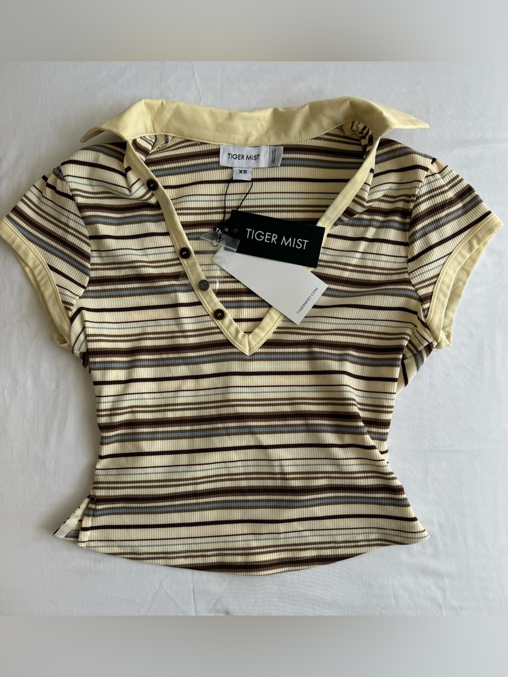 Tiger Mist Cream and Brown Striped Polo V-Neck Crop Top